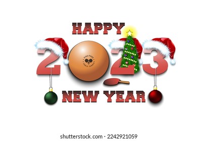 Happy new year. 2023 with ping-pong ball. Numbers in Christmas hats with Christmas tree balls. Original template design for greeting card. Vector illustration on isolated background