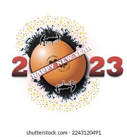 Happy new year 2023. Ping-pong ball with tennis and fans. Creative design pattern for greeting card, banner, poster, flyer, party invitation. Vector illustration