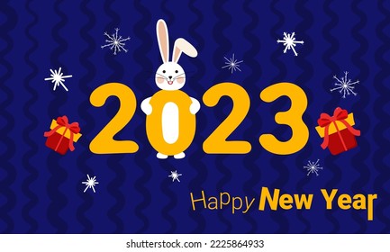 Happy New Year. 2023. Postcard with a hare, snowflakes and gifts on a blue background.