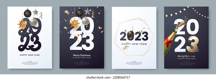 Happy New Year 2023 poster collection. Greeting card template with typography and christmas decorations in realistic style. Winter holidays flyer design. Ideal for party invite, banner. Vector eps 10