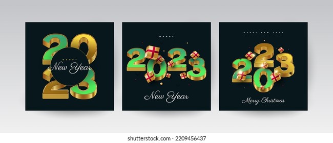 Happy New Year 2023 Poster Set. New Year Design Template with 3D Numbers and Gift Box for Decoration, Branding, Banner, Poster, Cover and Card