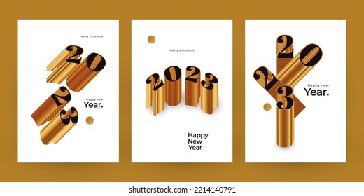 Happy New Year 2023 Poster Set with Black and Gold 3D Numbers. New Year Design Template for Decoration, Branding, Banner, Poster, Cover and Card