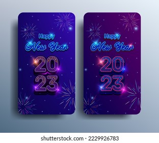 Happy new year 2023 poster and banner for social media stories with neon text effect with colorful halftone sparkles, fireworks, stars