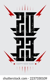 Happy New Year 2023 - poster with stylized inscription, red lightnings and stars. Cool print for t-shirt or apparels  with inscription 20 23. Vector.