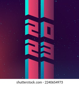 Happy New Year 2023. Poster for new year party. Futuristic design of poster with 3d numbers and gradients. Applicable for covers design, placards, music posters, dj flyers. Symbolizes the rise up.