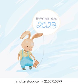 Happy New Year 2023, Rabbit holding teddy bear and balloon,Watercolor hand paint Cartoon bunny playing with brown bear,Vector Cute animal character element for greeting card for Year of Rabbit 