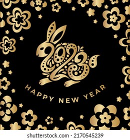 Happy New year 2023. The year of the rabbit of lunar Eastern calendar. Golden rabbit, bunny logo, flowers and number 2023 on a black background. Happy Chinese New Year Greeting Card, banner