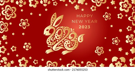 Happy New year 2023. The year of the rabbit of lunar Eastern calendar. Golden rabbit, bunny logo, flowers and number 2023 on a red background. Happy Chinese New Year Greeting Card, banner