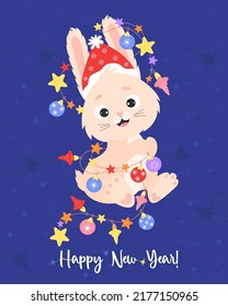 Happy New Year 2023. Year of the Rabbit. Greeting card with symbol of year cute bunny character with garland and santa hat. Holiday vector illustration. Chinese new year 2023 Zodiac sign Rabbit 