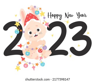 Happy New Year 2023. Year of the Rabbit. Date of year with cute bunny character with garland and Christmas balls in Santa hat. Symbol Chinese New Year on white background. Vector illustration