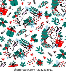 Happy new year 2023 year of rabbit. Merry Christmas pattern. Design, wallpaper, textiles, packaging, seamless print