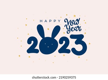 Happy New Year 2023. Rabbit Head Silhouette With Ears. Cute Funny Rabbit Head, Bunny Character, Cute Wildlife Animal Cartoon Drawing. Template Vector Illustration Isolated On White Background.