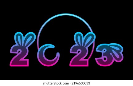 Happy new year 2023, year of the rabbit cute bunny on dark black background neon light sci-fi icon vector design.