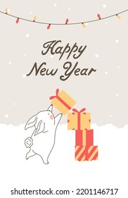 Happy New Year 2023. Rabbit with gifts. Cute rabbit, symbol of the year 2023. Vector illustration, cute cartoon animal wildlife drawing vector. Postcard, design.