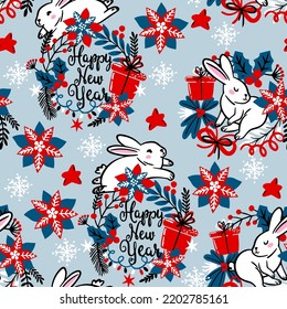 Happy new year 2023 year of rabbit. Merry Christmas pattern. Design, wallpaper, textiles, packaging, seamless print