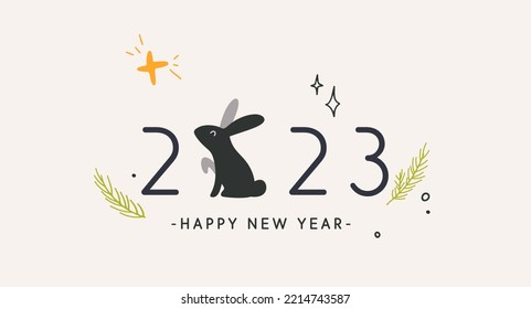 Happy New Year 2023, Year of the rabbit nordic Scandinavian style banner design. Traditional Christmas decoration and zodiac black little bunny sit next to the year numbers. Pine tree, star.