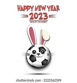 Happy New year. 2023 year of the rabbit. Cute muzzle bunny in the form of a soccer ball. Soccer ball in the form of a hare. Greeting card design template. Vector illustration on isolated background