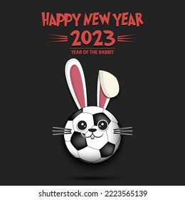 Happy New year. 2023 year of the rabbit. Cute muzzle bunny in the form of a soccer ball. Soccer ball in the form of a hare. Greeting card design template. Vector illustration on isolated background