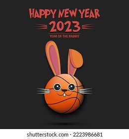Happy New year. 2023 year of the rabbit. Muzzle bunny in the form of a basketball ball. Basketball ball in the form of a hare. Greeting card design template. Vector illustration on isolated background