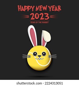 Happy New year. 2023 year of the rabbit. Cute muzzle bunny in the form of a tennis ball. Tennis ball in the form of a hare. Greeting card design template. Vector illustration on isolated background