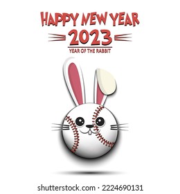 Happy New year. 2023 year of the rabbit. Muzzle bunny in the form of a baseball ball. Baseball ball in the form of a hare. Greeting card design template. Vector illustration on isolated background