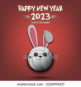 Happy New year. 2023 year of the rabbit. Muzzle bunny in the form of a volleyball ball. Volleyball ball in the form of a hare. Greeting card design template. Vector illustration on isolated background
