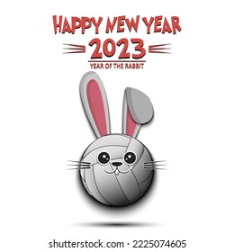 Happy New year. 2023 year of the rabbit. Muzzle bunny in the form of a volleyball ball. Volleyball ball in the form of a hare. Greeting card design template. Vector illustration on isolated background
