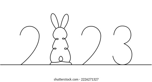 Happy New Year 2023. Rabbit one line continuous drawing. Year of the Rabbit 2023. Hare continuous one line illustration. Vector illustration.