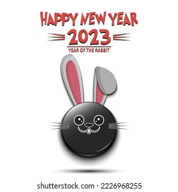 Happy New year. 2023 year of the rabbit. Cute muzzle bunny in the form of a hockey puck. Hockey puck in the form of a hare. Greeting card design template. Vector illustration on isolated background