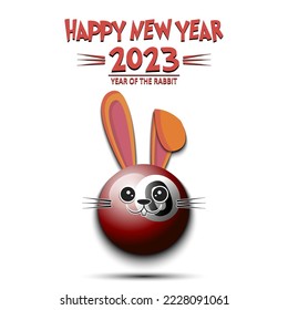 Happy New year. 2023 year of the rabbit. Muzzle bunny in the form of a billiard ball. Billiard ball in the form of a hare. Greeting card design template. Vector illustration on isolated background