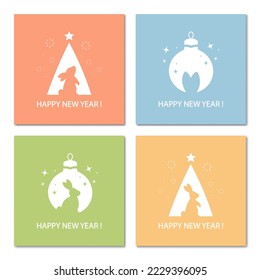 Happy New Year 2023. Year of the rabbit. Set of design templates for greeting card, poster, banner with silhouettes  of rabbit and сhristmas tree toy. Modern minimalism design. Vector illustration.