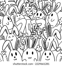 Happy New Year 2023 of rabbit doodle, group of cute white funny rabbit heads vector design