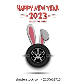 Happy New year. 2023 year of the rabbit. Cute muzzle bunny in the form of a car wheel. Car wheel in the form of a hare. Greeting card design template. Vector illustration on isolated background
