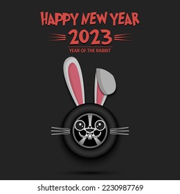 Happy New year. 2023 year of the rabbit. Cute muzzle bunny in the form of a car wheel. Car wheel in the form of a hare. Greeting card design template. Vector illustration on isolated background