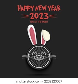 Happy New year. 2023 year of the rabbit. Cute muzzle bunny in the form of a bike wheel. Bike wheel in the form of a hare. Greeting card design template. Vector illustration on isolated background