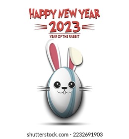 Happy New year. 2023 year of the rabbit. Cute muzzle bunny in the form of a soccer ball. Soccer ball in the form of a hare. Greeting card design template. Vector illustration on isolated background