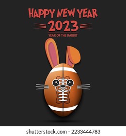 Happy New year. 2023 year of the rabbit. Muzzle bunny in the form of a football ball. Football ball in the form of a hare. Greeting card design template. Vector illustration on isolated background