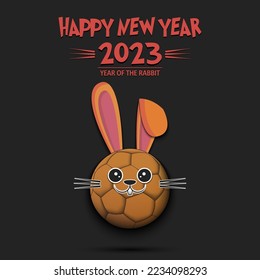 Happy New year. 2023 year of the rabbit. Muzzle bunny in the form of a handball ball. Handball ball in the form of a hare. Greeting card design template. Vector illustration on isolated background