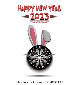 Happy New year. 2023 year of the rabbit. Cute muzzle bunny in the form of a dartboard. Darts in the form of a hare. Greeting card design template. Vector illustration on isolated background