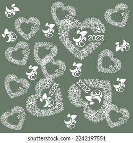 Happy New Year 2023 of the Rabbit according to the Chinese calendar. Festive pattern for fabric, for background, for base. Snowflakes in the shape of a heart