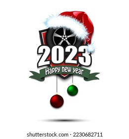 Happy new year 2023. Racing logo template design. Car wheel in santa hat. Design pattern for greeting card, banner, poster. Vector illustration on isolated background