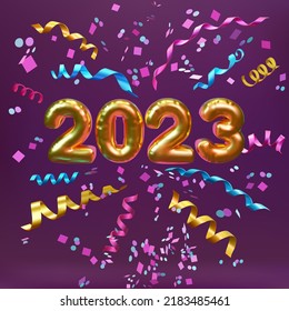 Happy new year 2023. Realistic golden foil balloons 3D. Numbers with confetti on violet background. Vector illustration for selling poster, banner ads, shopping bag, gift box, birthday, anniversary.