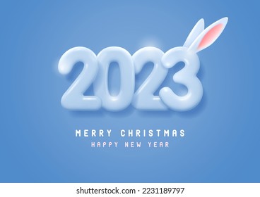 Happy New Year 2023. Realistic 3d numbers made of glossy plastic in cartoon style and decorated with rabbit ears. Decoration for celebration Christmas and New Year 2023. Vector illustration