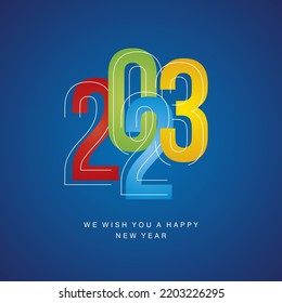 Happy New Year 2023 red blue green orange line and bold condensed design typography blue isolated background icon logo button