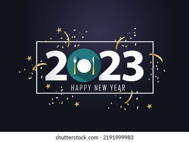 Happy new year 2023. Year 2023 with restaurant, fork and knife icon 