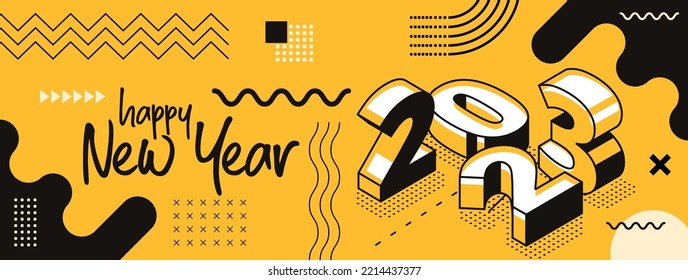 happy new year 2023 retro style cover with modern geometric abstract background with isometric. happy new year greeting card banner design for 2023 resolution. Yellow black Vector illustration