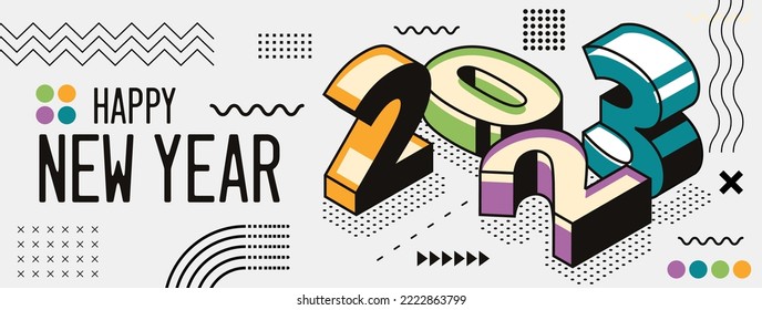 happy new year 2023 retro style cover with modern geometric abstract background with isometric. happy new year greeting card banner design for 2023 calligraphy. Yellow green blue Vector illustration