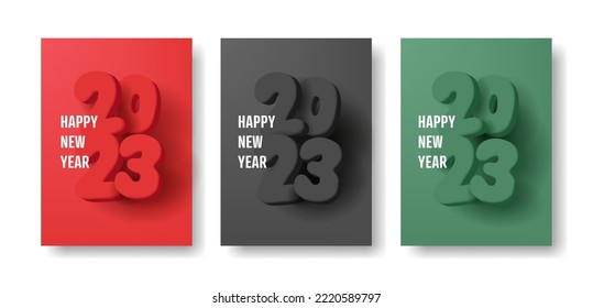Feliz Año Nuevo 2023 conjunto moderno de tarjetas postales monocromáticas 3d redondeadas
