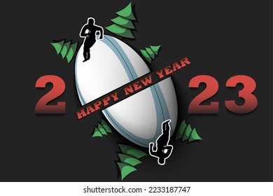 Happy new year. 2023 with rugby ball, Christmas trees and rugby player. Original template design for greeting card, banner, poster. Vector illustration on isolated background