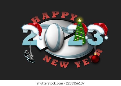 Happy new year. 2023 with rugby ball. Numbers in Christmas hats with rugby boot and Christmas tree ball. Original template design for greeting card. Vector illustration on isolated background